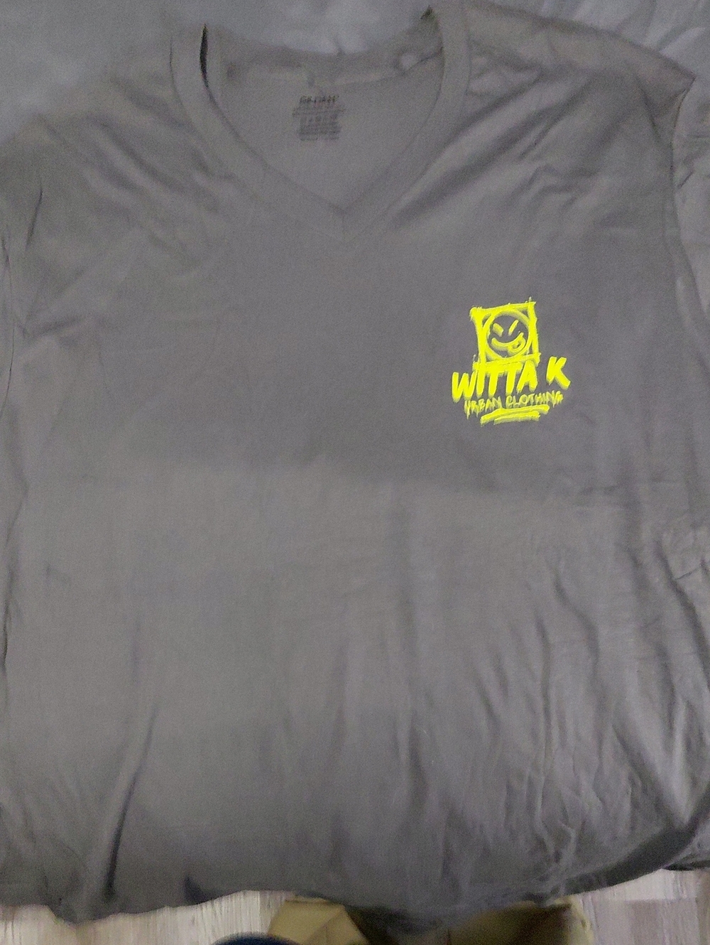 Grey V-Neck Short Sleeve T-Shirt with Neon Logo